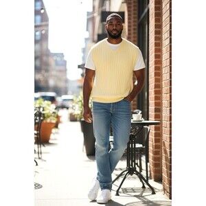 International Waters Sweater Vest V-Neck Ribbed Yellow Cotton Mens Size XL Golf